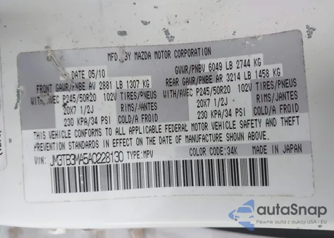 2010 Mazda Cx-9 Grand Touring z USA, uszkodzony, nr VIN JM3TB3MA5A0228130